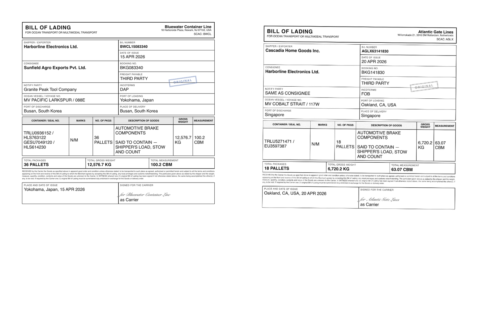 A digital ocean bill of lading next to its degraded scan version