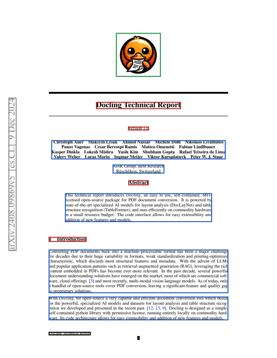 Docling's layout boxes drawn on page 1 of its own technical report: red section headers, blue paragraphs, green figure, grey page header