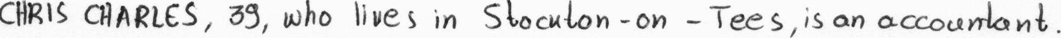 Handwritten line from the IAM dataset reading "CHRIS CHARLES, 39, who lives in Stockton-on-Tees, is an accountant."